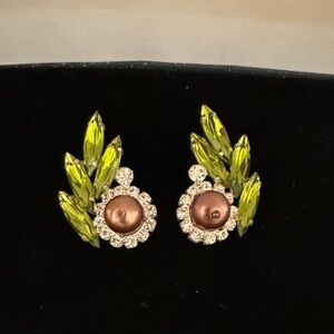 Brown Faux Pearl and Green Rhinestone Costume Earrings
